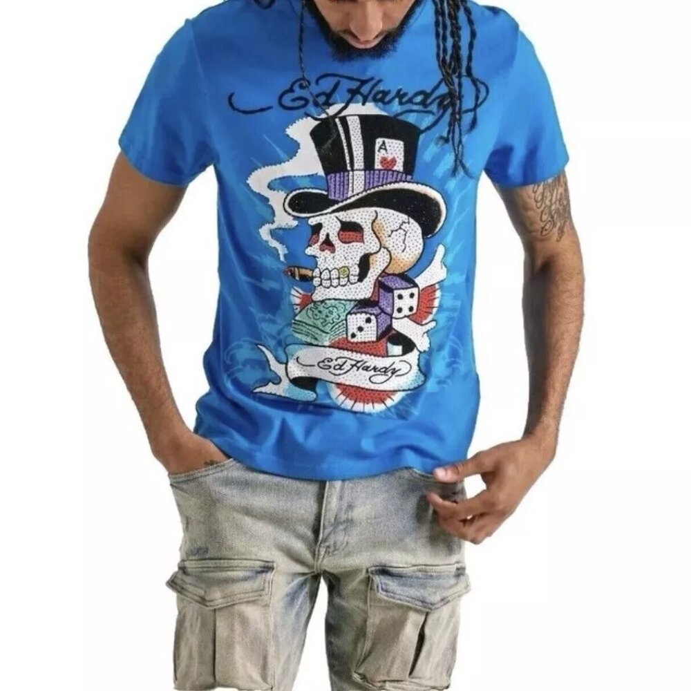 ED HARDY SKULL HAT TEE T-SHIRT CAPRI BLUE